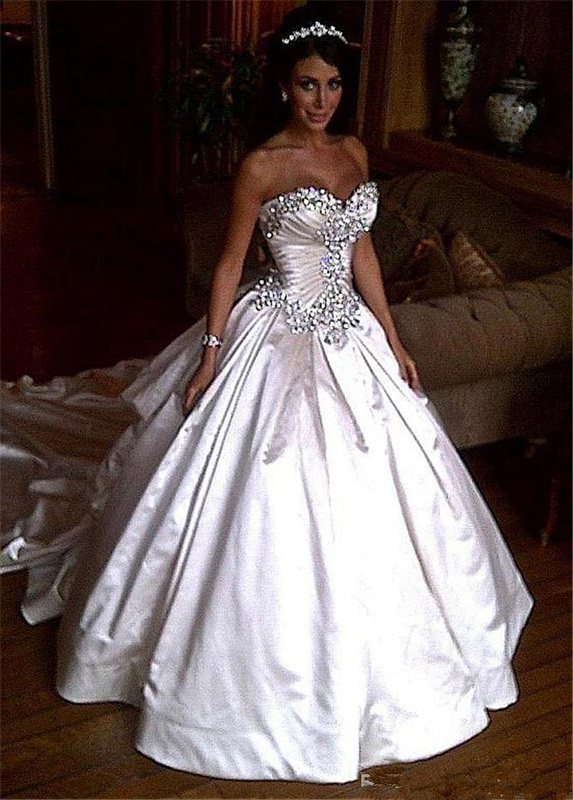 Amazing Crystal Ball Gown Gowns Sweetheart Satin Wedding Dresses Vestido De Noiva Lace-Up Rhinestones Bridal Dress Custom Made 0510