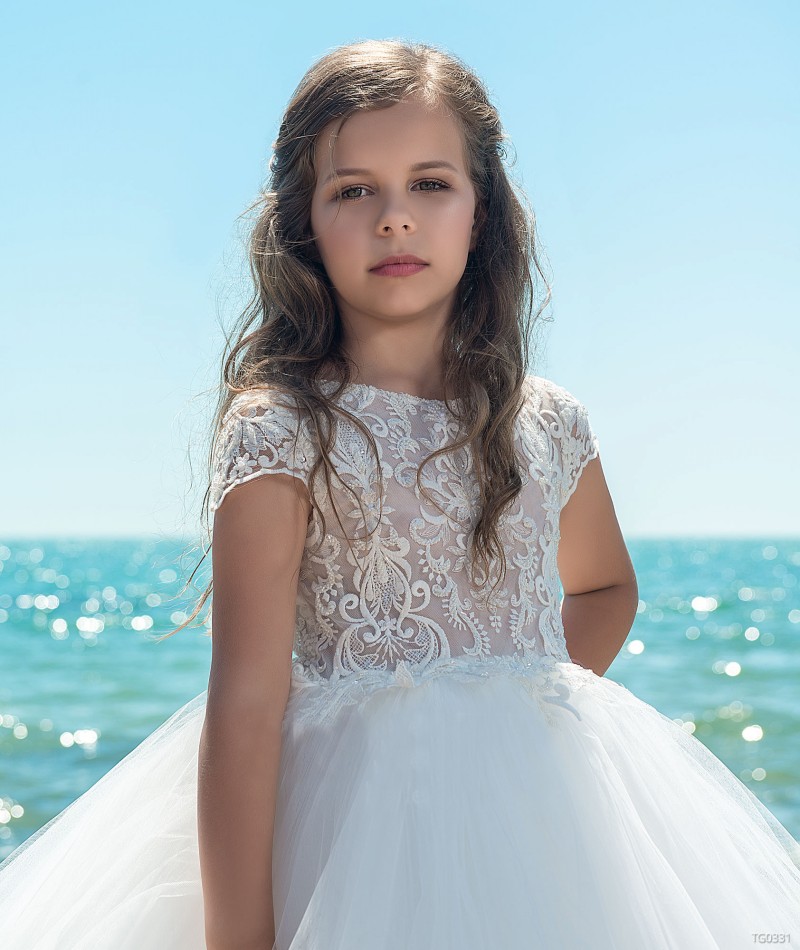 lace ball gown flower girls dresses for weddings short sleeve appliqued boho kids first communion dress vintage pageant gowns