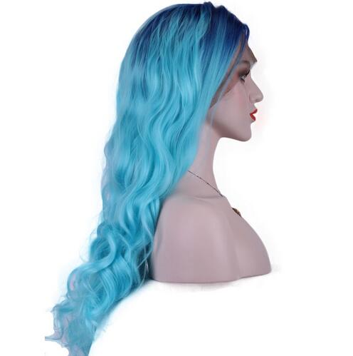 Fashion High Temperature Fiber Heat Resistant Natural 22" Long Body Wave Two Tones dark blue Ombre blue Roots Synthetic lace front Wigs