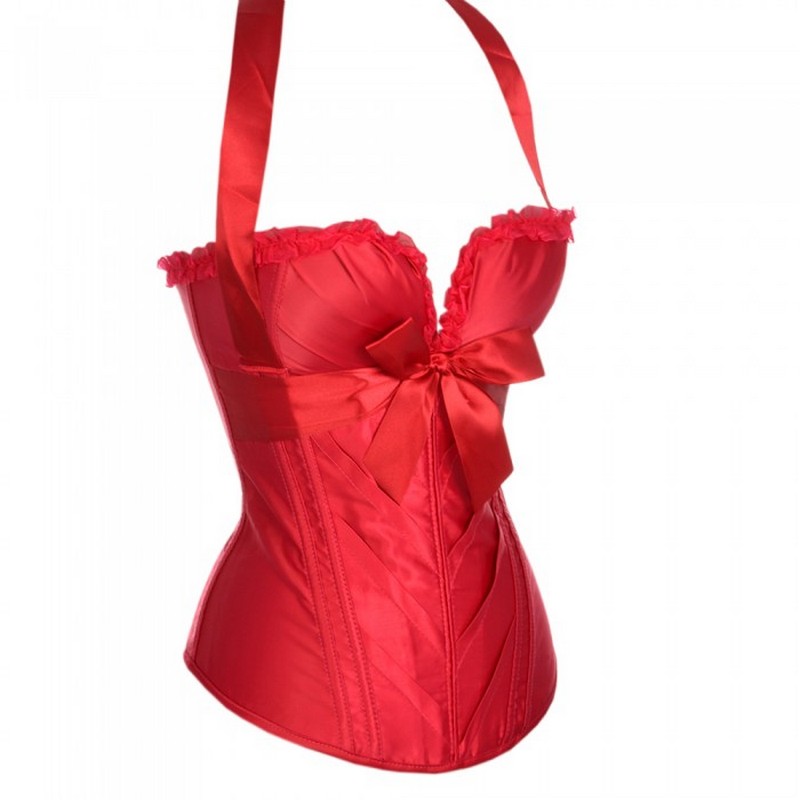 Side Zipper Satin Halterneck Push Up Overbust Bustier Ribbon Front Padded Corsets Women's Bridal Dancing Corset Top 6 Colors Light Weight