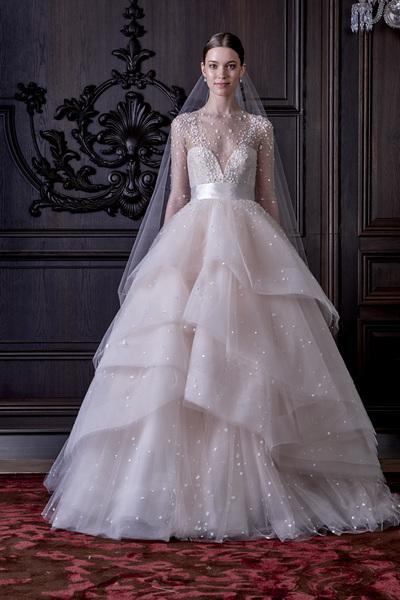 2022 Wedding Bridal Dress Sheer Neck A Line Sexy Long Sleeves Ruffles Tulle Illusion Back Pearls Beaded Monique Lhuillier Bridal Gowns