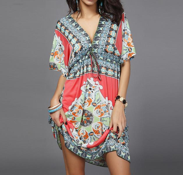 Women Fashion plus size dresses sexy V-neck milk ice silk dress skirt Boho print tribal dresses summer Ethnic loose waist Beach Dresses