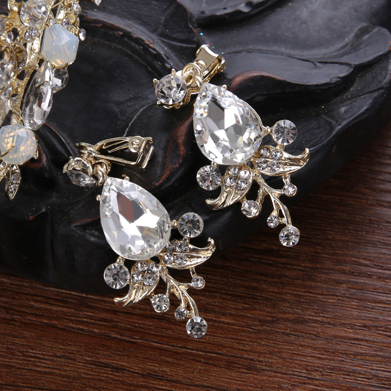 Exquisite Beaded Crystal Bridal Tiara Earrings Handmade Prom Quinceanera Pageant Wedding Crown Earrings Set Three Colors Pink Gold