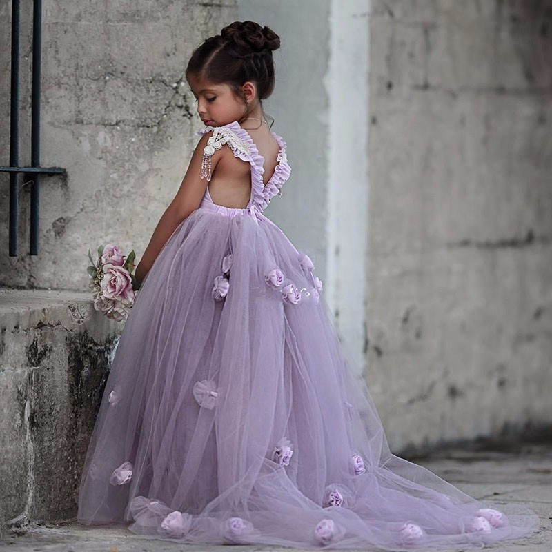 Lovely Baby Blue Princess High Low Girls Dresses Spaghetti Strap Hand Flower First Communion Gown Tulle Pageant Dress For Children 326 326