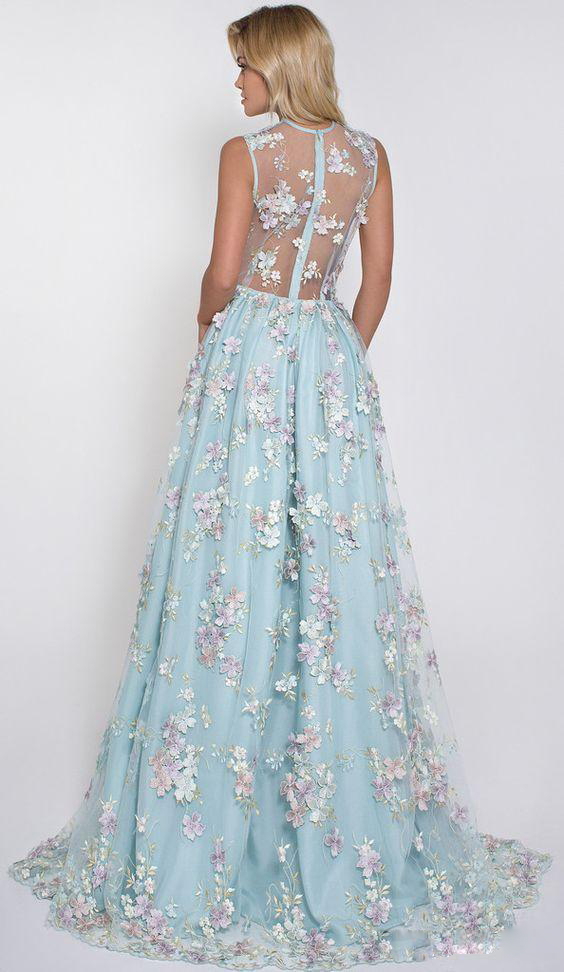 Sexy 3D Floral Appliqued Prom Dresses Long Deep V Neck Party Dress Floor Length Illusion Back Tulle Formal Evening Gowns