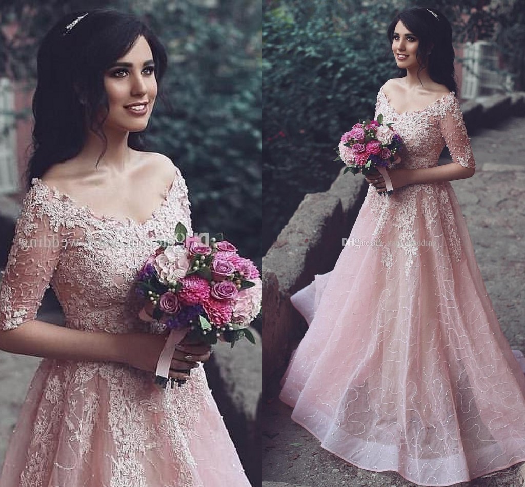 Modest Blush Pink Prom Dresses V Neck Off Shoulder Half Sleeves Sequins Organza Sexy Saudi Arabic Evening Dresses Formal Gowns, Fuchsia
Modest Blush Pink Prom Dresses V Neck Off Shoulder Half Sleeves Sequins Organza Sexy Saudi Arabic Evening Dresses Formal Gowns, Fuchsia