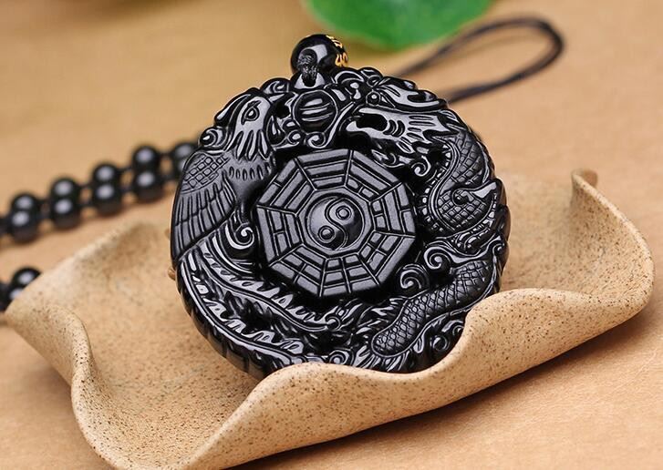 Volcanic Obsidian Phoenix Dragon Yin Yang Pendant Necklace PPUK Stock2772427