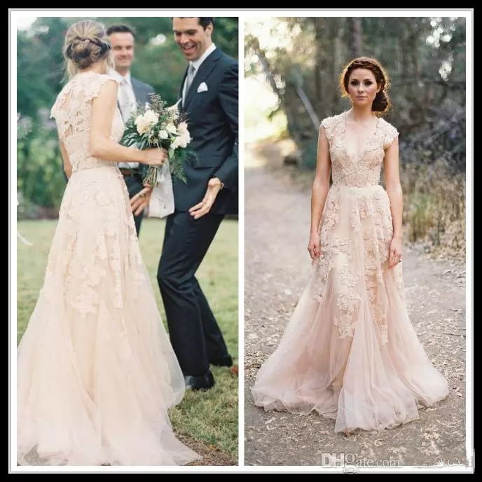 Vintage Lace Wedding Dresses Champagne Sweetheart Ruffles Gown Cap Sleeve Deep V neck Layered Reem Acra Bridal Gowns