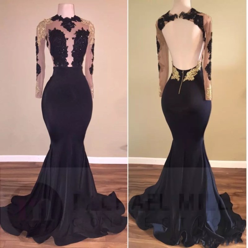Mermaid Prom Dresses Long Sleeve Black and Gold Satin Evening Dress Sexy Backless Appliqued Lace Formal Party Gowns