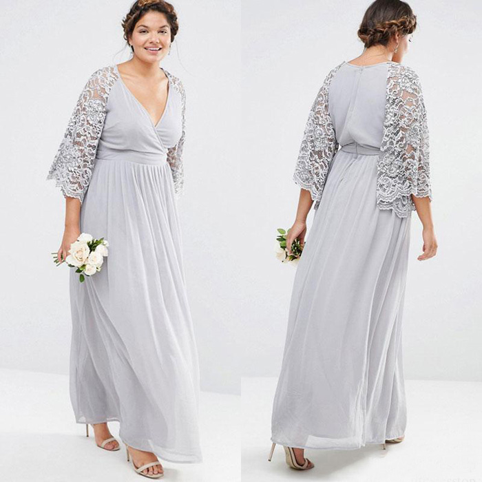 2018 Silver Chiffon Mother Of The Bride Dresses V Neck A Line 3/4 Length Lace Sleeve Mother of the Groom Dress Custom