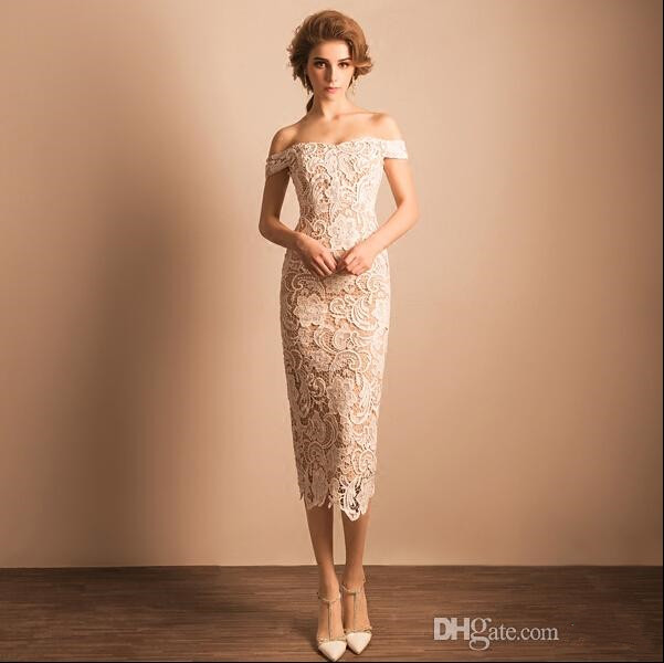 Cheap Full Lace Champagne Cocktail Dresses Real Pictures Slit Knee Length Evening Gowns Elegant Off Shoulder Sheath Formal Guest Dress