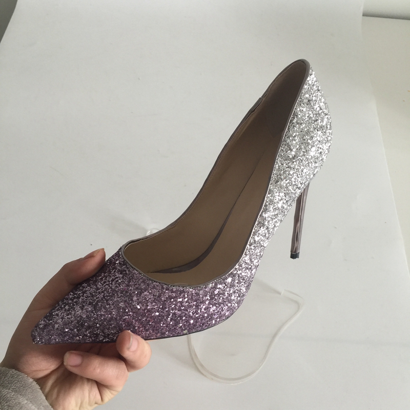Silver Purple Glitter Wedding Shoes Pointed Toe Stilettos High Heels Slip On Pump Heels Plus Size EU34-46 Summer Bridal Shoes Pumps