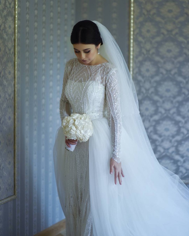 Illusion A Line Wedding Dress Dubai Full Beaded Shiny Sequins Luxury Long Sleeves Floor Length Detachable Skirt Custom Made Wedding Dresses
