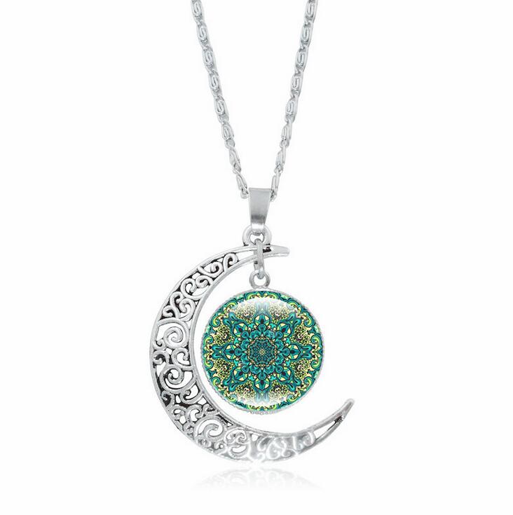 Free ship Bursts of mandala flower gemstone necklace silver half moon pendant jewelry WFN197 (with chain) mix order 20 pieces a lot