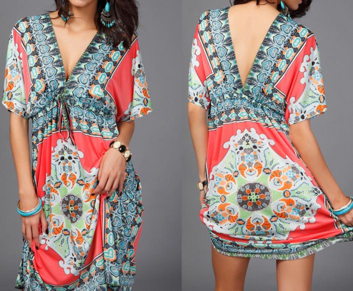Women Fashion plus size dresses sexy V-neck milk ice silk dress skirt Boho print tribal dresses summer Ethnic loose waist Beach Dresses