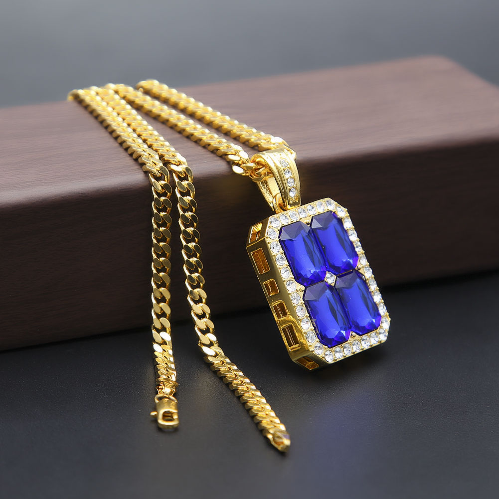 New Blue Red Black Ruby CZ Crystal Pendant Necklace Hip Hop Necklace Gold Plated Cuban Chain Silver Gold Men's Jewelry