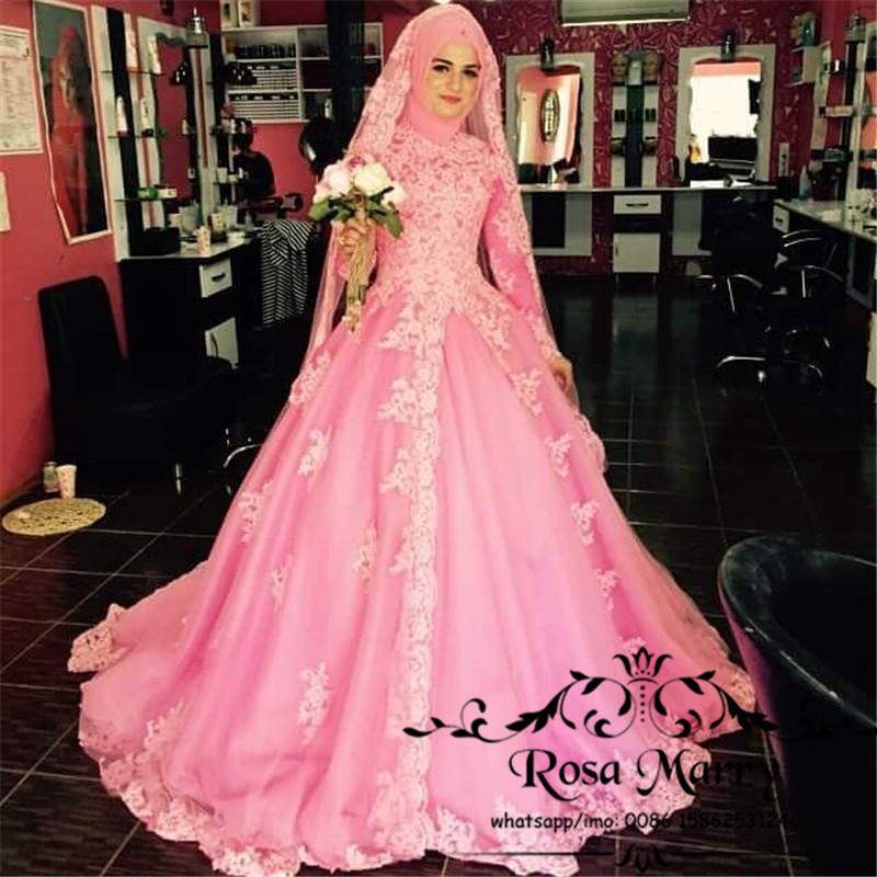 Pink Islamic Hijab Ball Gown Wedding Dresses 2020 High Neck Long Sleeves Vintage Lace Overskirt Plus Size Kaftan Abayas African Bridal Gowns