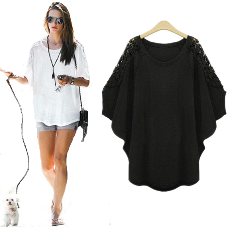 Wholesale- Plus size 5XL women fat MM summer 2016 thincotton loose bat sleeve shirt shoulder lace short-sleeved women t-shirt fit 200pounds, Black
Wholesale- Plus size 5XL women fat MM summer 2016 thincotton loose bat sleeve shirt shoulder lace short-sleeved women t-shirt fit 200pounds, Black