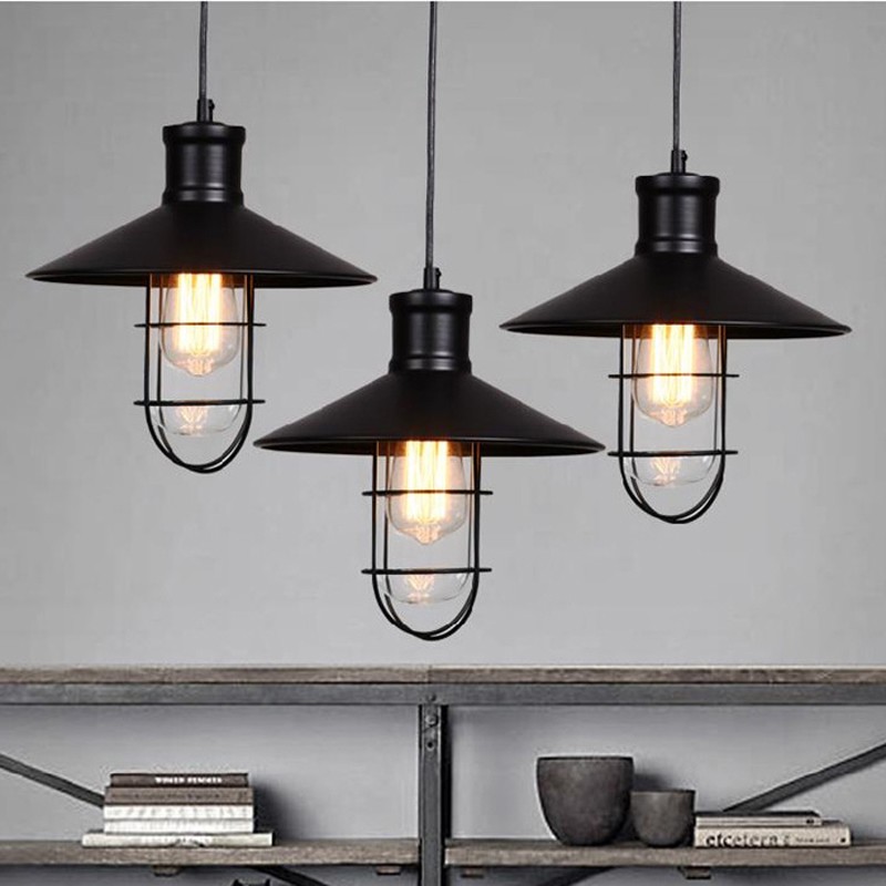 Rustic Pendant Lights Vintage Style Pendant Lamps Loft Rounded Metal Lamp Shade Kichler Linear Suspension Lighting Black Color Industrial