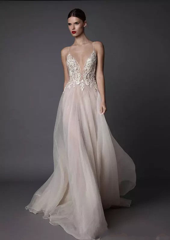 2020 Sexy Berta Wedding Dresses Deep V Neck Spaghetti Straps Embroidered Tulle Backless Summer Illusion Long Boho Bridal Gowns For Beach