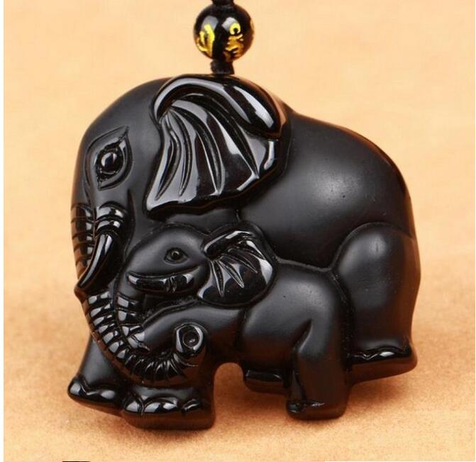 Black Obsidian Mother-Baby Elephant Pendant Necklace - Handcrafted Natural Stone Jewelry Charm for Women