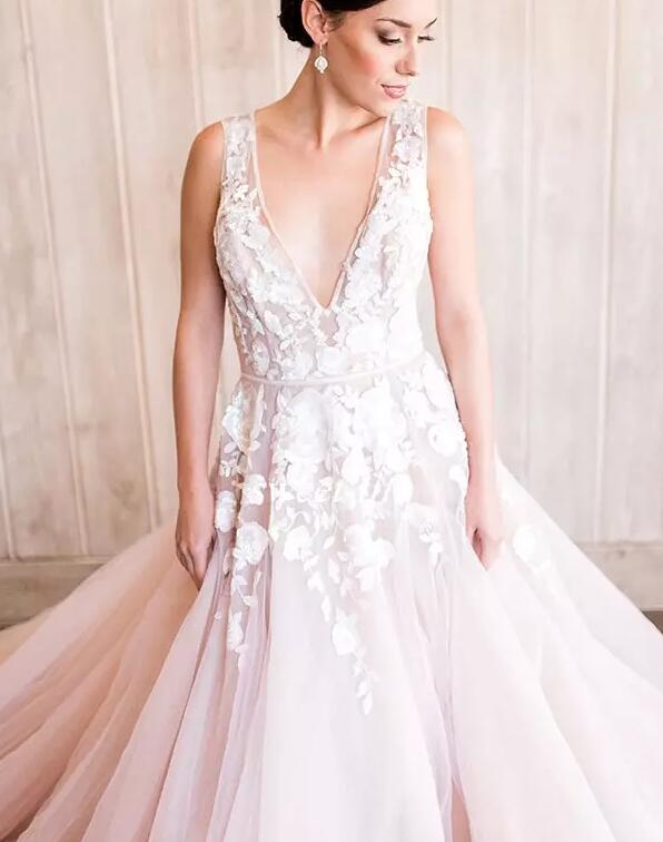 Sexy Blush Pink Deep V Neck Cut Out Back Wedding Dresses Cheap Tulle With Lace Appliqued Long Bridal Gowns Beach Custom Made EN10202