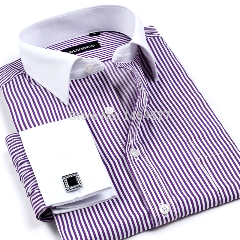 Wholesale- Luxury French cuff Button MENS Dress Shirt 2016 New Fashion Non Iron Long Sleeve slim striped High Quality Business formal Shirt
