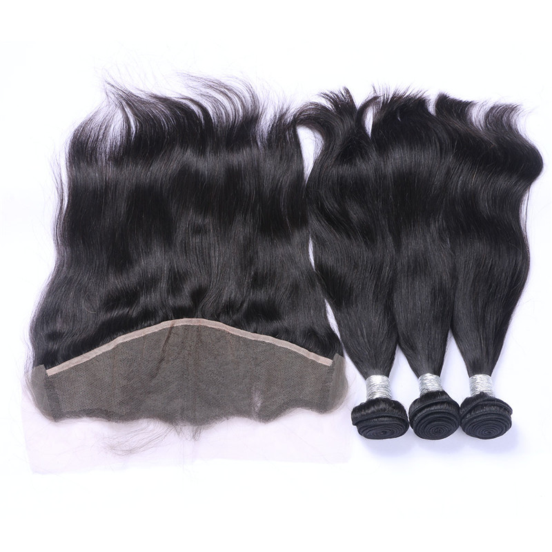 Brazilian Human Virgin Hair Lace Frontal With 3 Bundles 13X4 Ear To Ear Lace Frontal 1B Black Color Human Hair Weaves Closure