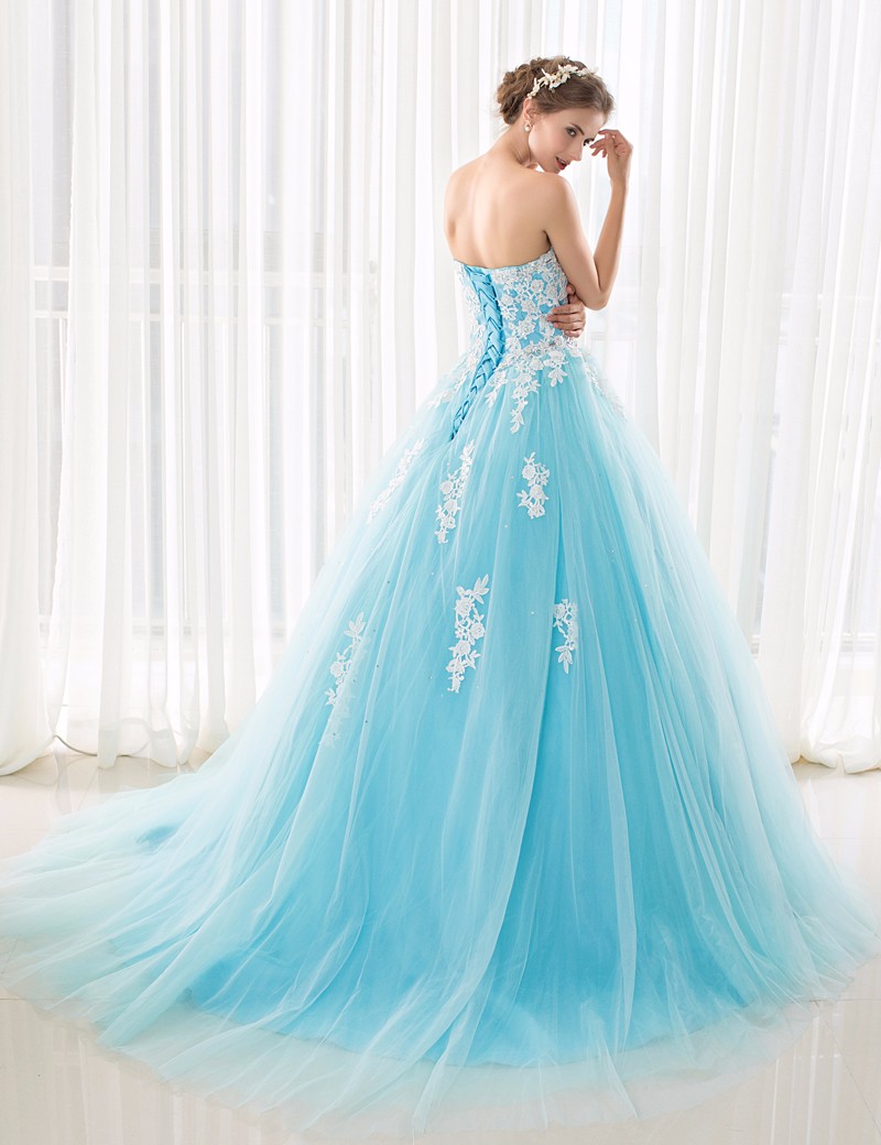 Blue and White Wedding Dresses Ball Gown Court Train Tulle with Applique Beaded Sweetheart Women Bandage Wedding Guest Dress