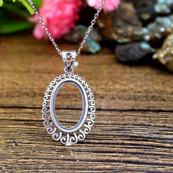 12X18mm Oval Cabochon Semi Mount 925 Sterling Silver Pendant Art Nouveau Jewelry Filigree Fine Silver Women Pendant Setting