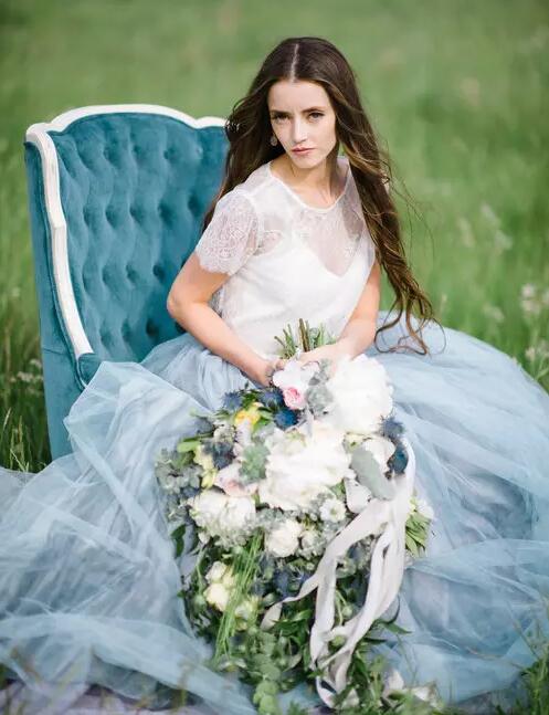 2017 Fairy Beach Boho Country Lace Wedding Dresses A Line Soft Tulle Short Sleeves Light Blue Ruched Skirts Plus Size Bohemian Bridal Gown