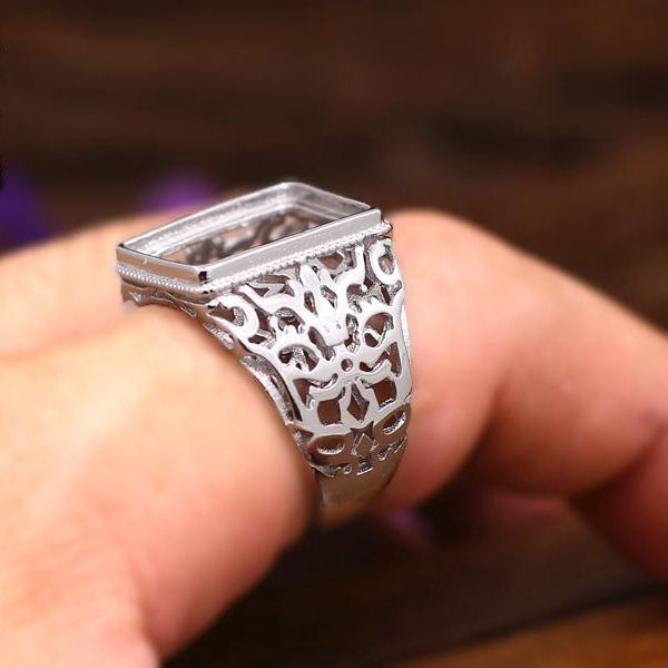 Art Deco 13x16mm Princess Cabochon Semi Mount 925 Sterling Silver Men Ring Antique Vintage