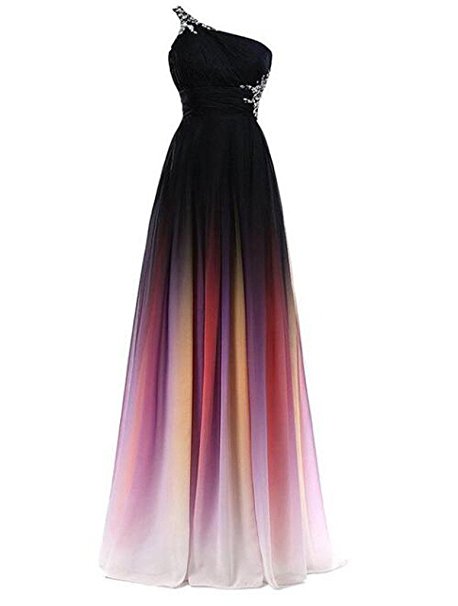 2021 Gradient Chiffon One Shoulder Prom Dresses Beaded Floor-Length Evening Formal Long Special Occasion Party Gown QC438