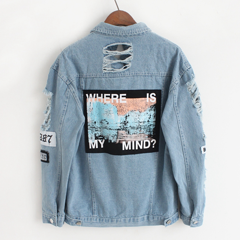 Wholesale- 2017 spring vintage ripped jeans jacket women basic coats denim jackets women where is my mind print jaqueta feminina, Light blue 
Wholesale- 2017 spring vintage ripped jeans jacket women basic coats denim jackets women where is my mind print jaqueta feminina, Light blue