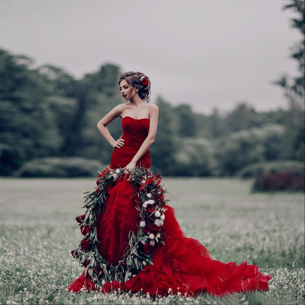 Gorgeous 2017 New Red Organza Ruffles Mermaid Wedding Dresses Sweetheart Pleats Tiered Long Bridal Gowns Custom Made China EN1047