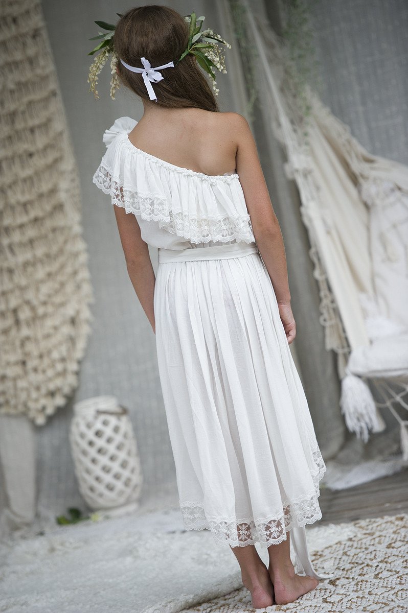 Pretty White Chiffon Lace Country Boho Flower Girl Dresses For Wedding 2017 One Shoulder High Low Beach Casual Dress Custom Made EN7264