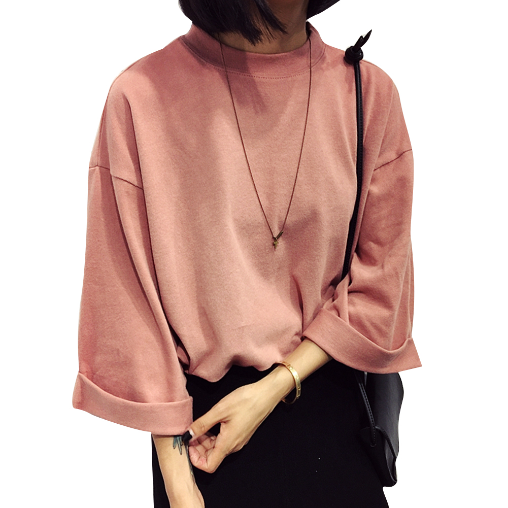 Wholesale-Fashion Cotton tshirt Women 2016 New Summer T-shirt Seven Sleeved Solid Turtleneck High Collar Casual T-shirt Tops Women's Tee