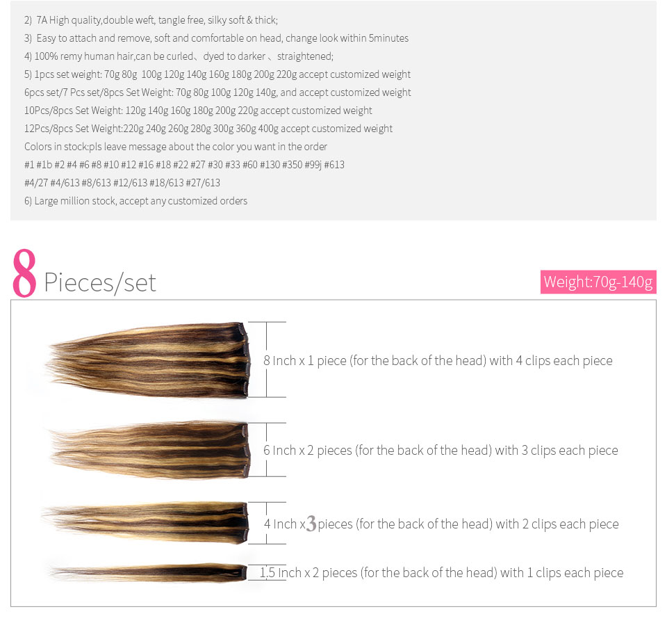 ZZHAIR 16"-32" 8pcs Set Clips in/on 100% Brazilian Remy Human Hair Extension Full Head 100g 120g 140g Natural Straight