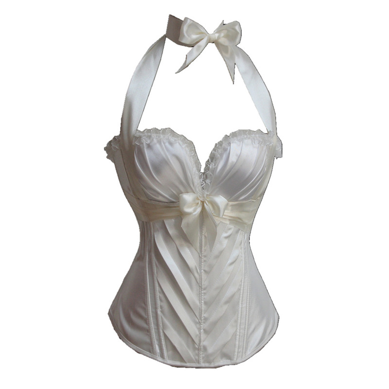 Side Zipper Satin Halterneck Push Up Overbust Bustier Ribbon Front Padded Corsets Women's Bridal Dancing Corset Top 6 Colors Light Weight