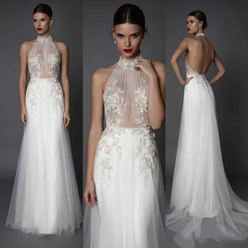 Tulle Halter Backless Beach Wedding Dresses Sexy Berta 2018 Cheap Wedding Gowns Lace Applique Bohemian Bridal Dress Robe De Mariee