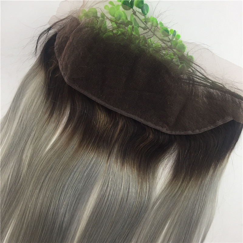 13x4 Brazilian Lace Frontal Closure Ombre 1b Grey Human Virgin Hair Straight Body Wave Bleached Knots Free Part