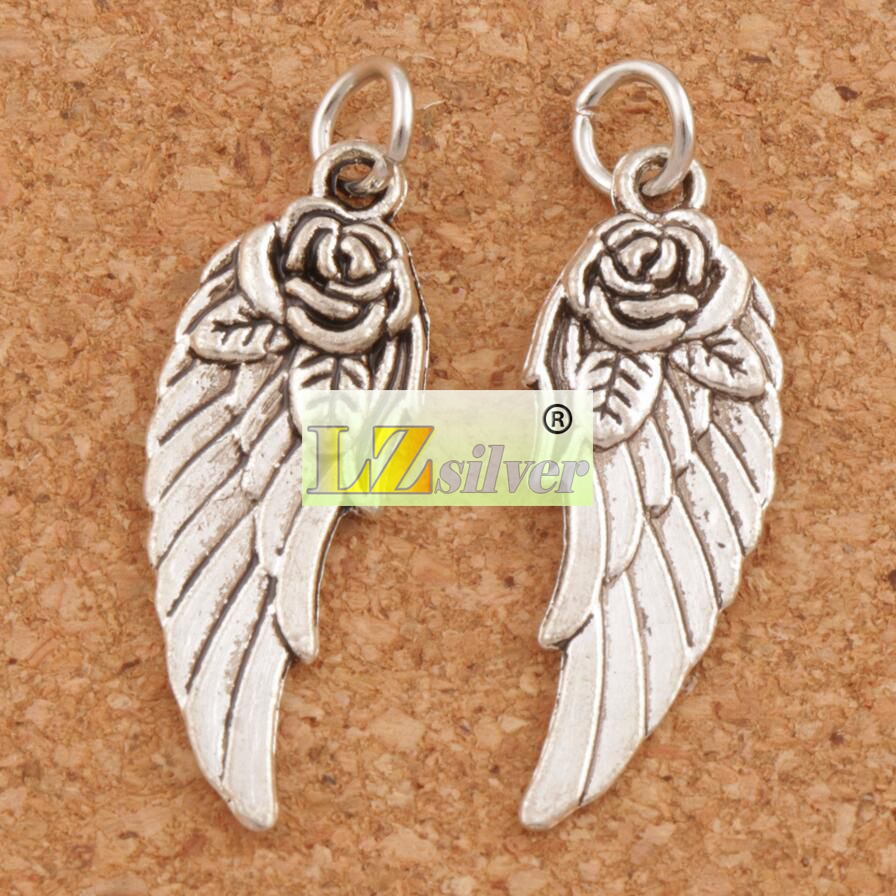 Angel Wing w Rose Spacer Charm Beads 100pcslot 303x107mm Antique Silver Pendants Handmade Jewelry DIY T1625