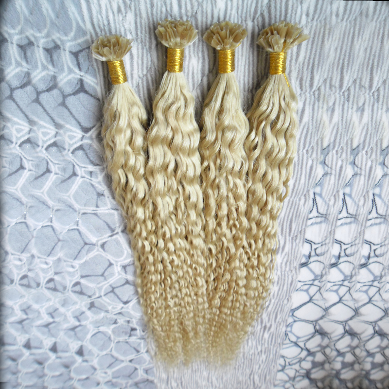 Blonde human hair Keratin stick tip hair extensions 200s curly keratin bond hair extensions pre bonded u tip extensions 200g kinky curly