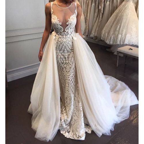 Berta Mermaid Wedding Dresses With Detachable Train Sweep Train Lace Beach Wedding Dress Applique Sleeveless Jewel Neck Plus Size Bridal