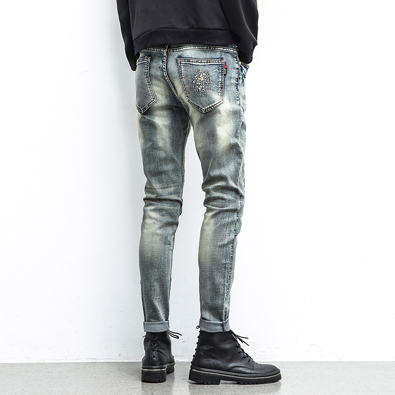 Wholesale-New Style Patchwork Mens Jeans Straight Regular Fashion Cheap Small Straight Mens Jeans Brand Clothing Cotton Mens jeans China