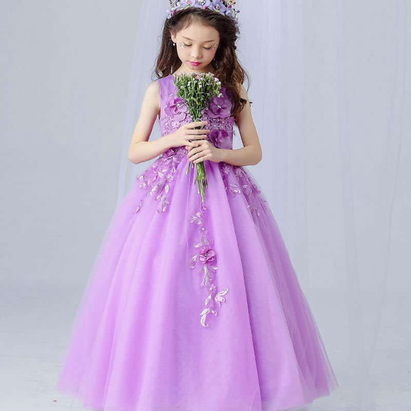 Violet Tulle Lace Flower Girl Wedding Dress Ankle Length Appliques Bead Kids Party Prom Dresses First Communion Dresses