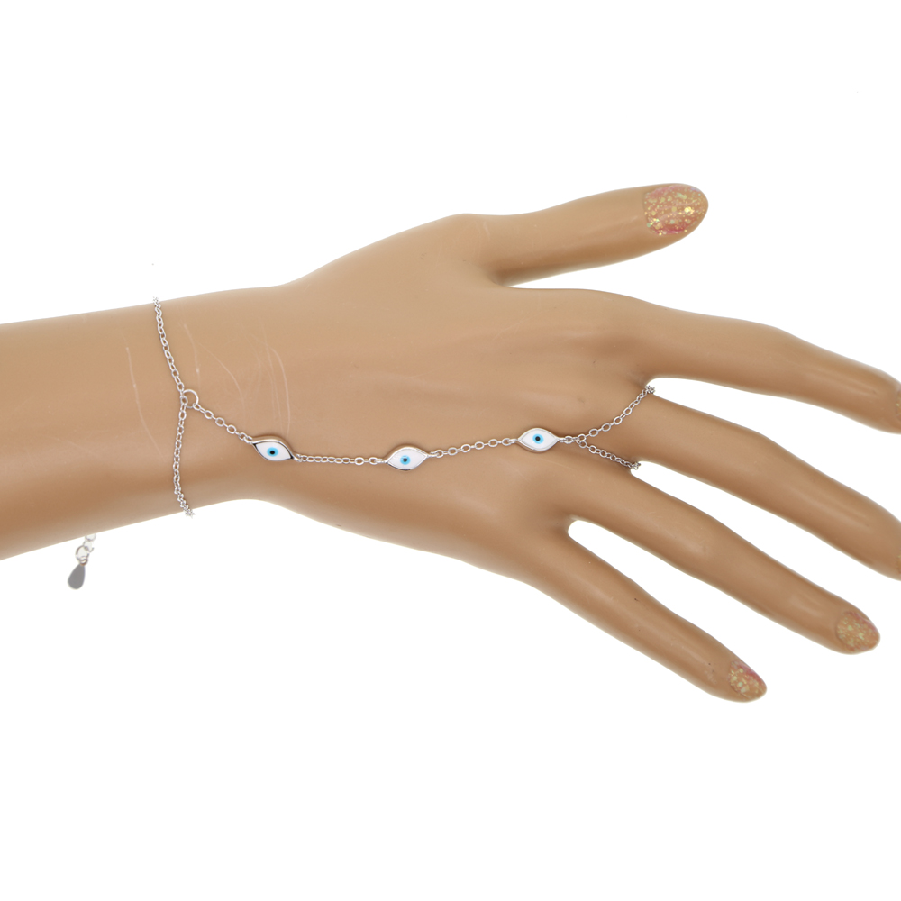 Rose Plated Evil Eye Hand Chain Bracelet with Ring, White Enamel, Cute Fashion Jewelry for Women, Gold Sier, k Chain, Adjustable Length