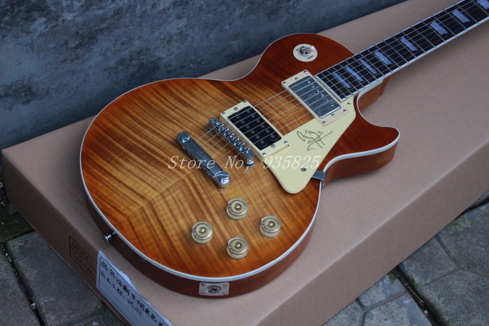 Custom Shop 1959 R9 Brown Sunburst Jimmy Page Electric Guitar Tiger Flame Maple Top Ebony Fingerboard Trapezoid White Mother of Pearl Inlay
Custom Shop 1959 R9 Brown Sunburst Jimmy Page Electric Guitar Tiger Flame Maple Top Ebony Fingerboard Trapezoid White Mother of Pearl Inlay