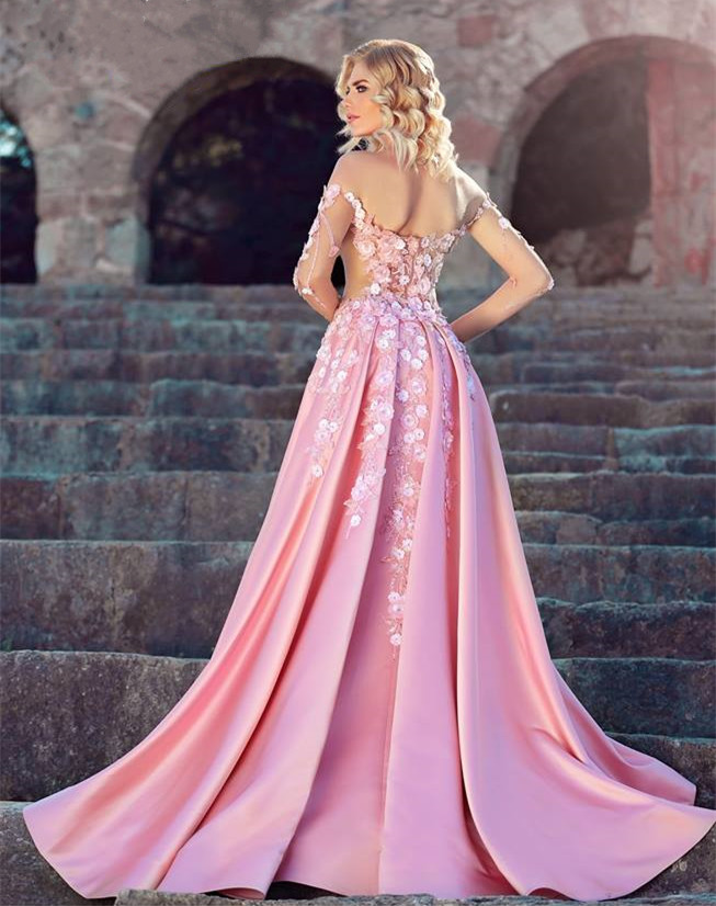 Stunning Overskirt Evening Dresses Mermaid Off The Shoulder Formal Dress With Long Sleeves 3D Appliqued Tulle Beaded Plus Size Prom Gowns