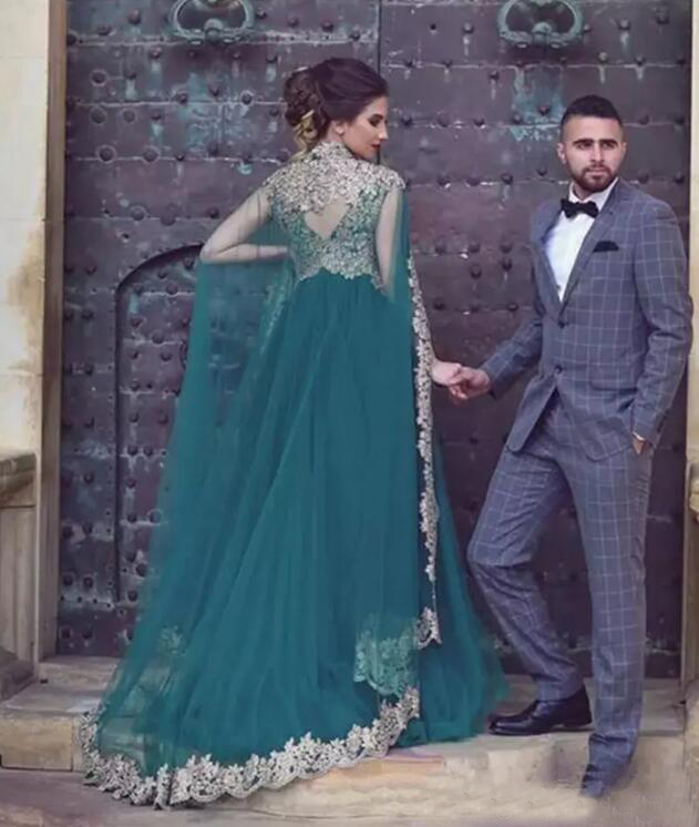 Gorgeous 2018 Teal Tulle Arabic Dresses Evening Wear With Pretty Lace Appliques High Collar Wraps Formal Gowns Custom Made EN10078
